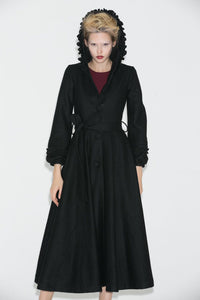 Long black hooded winter wool coat C706