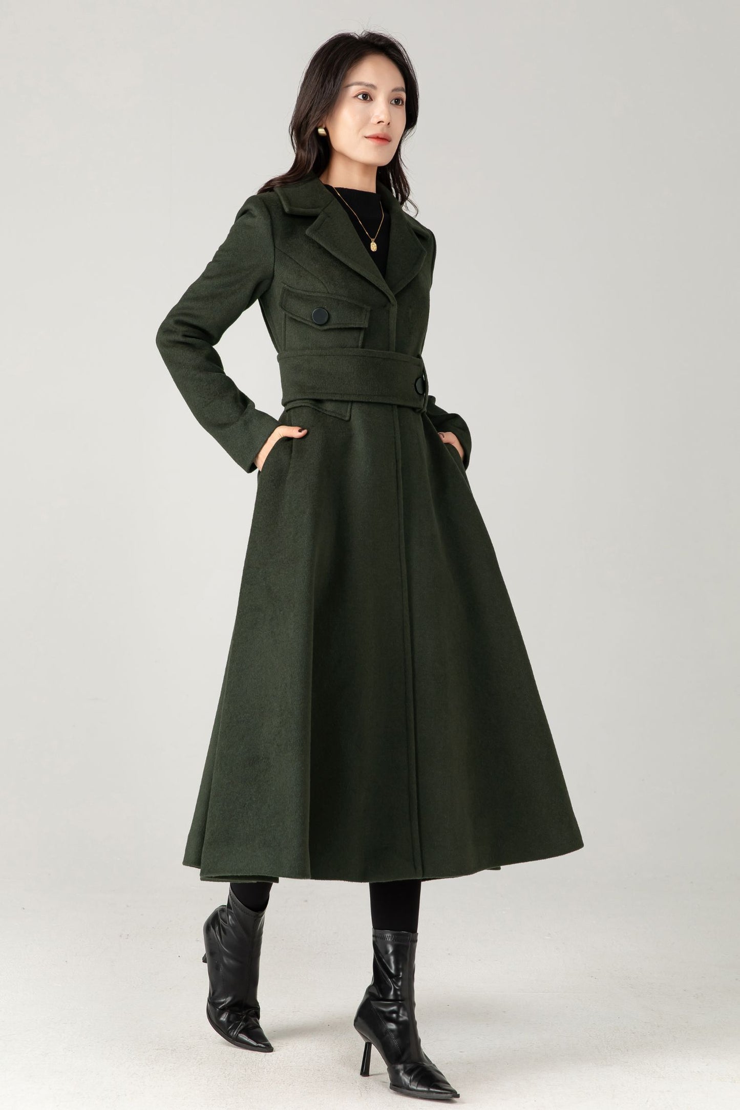 Green Wool Coat: Women’s Tailored Belted A-Line Winter Overcoa C5336