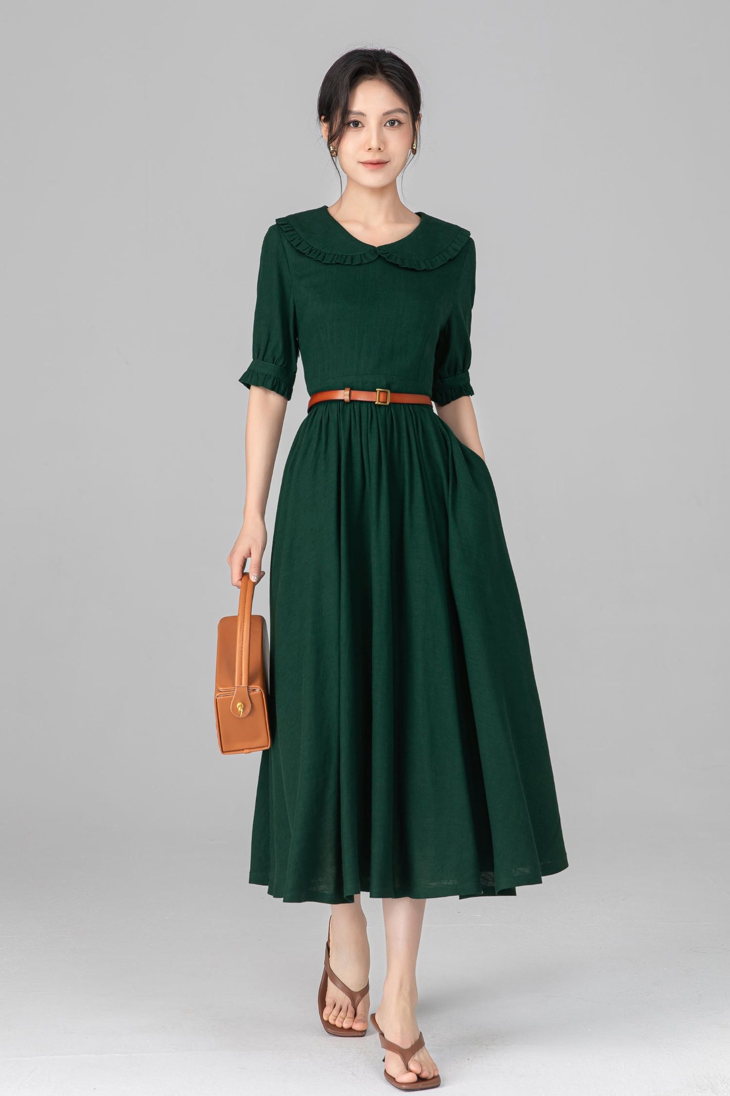 Dark Green Linen Midi Dress - Peter Pan Collar, Puff Sleeve c5515