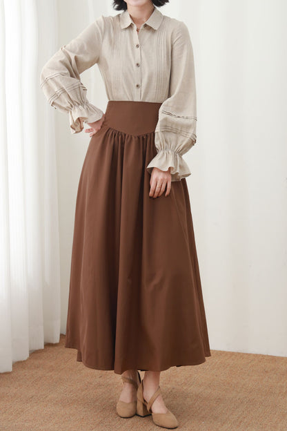 Caramel Linen Maxi Skirt - High Waist Pleated A-Line Silhouette c5452