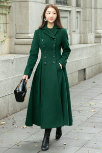 Warm green long trench wool coat C4501