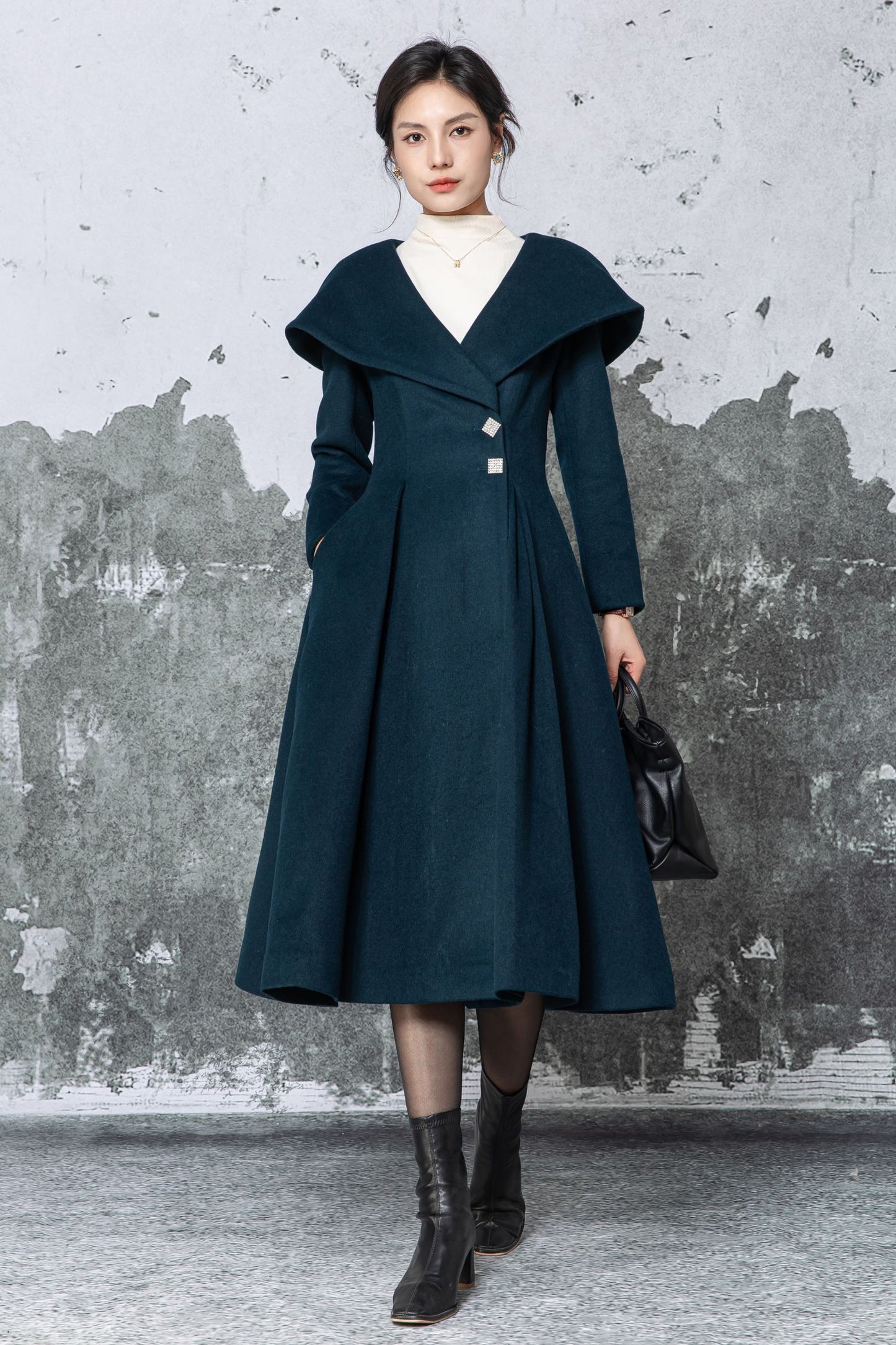 Dark Teal Wool Midi Coat - Large Lapel & Fit-and-Flare Silhouette C5480