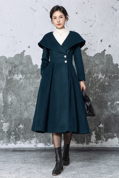 Dark Teal Wool Midi Coat - Large Lapel & Fit-and-Flare Silhouette C5480
