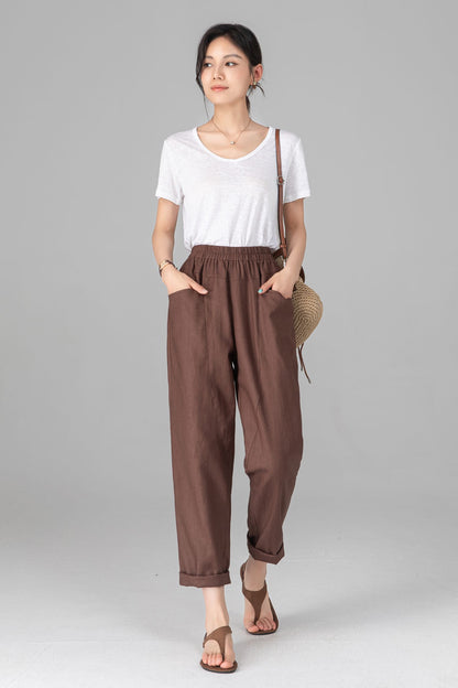 Brown Linen Cotton Harem Pants - Elastic Waist Relaxed Casual Trousers C5523