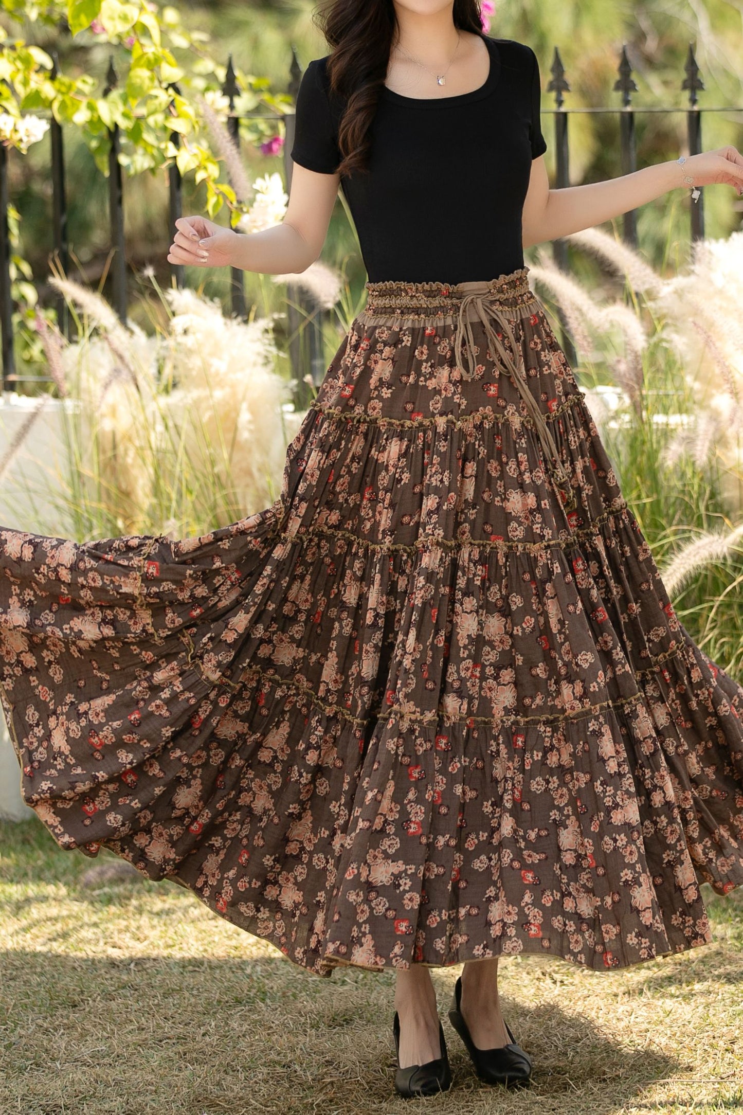 Brown Cotton Maxi Skirt - Floral Print, High Waisted Pleated c5440