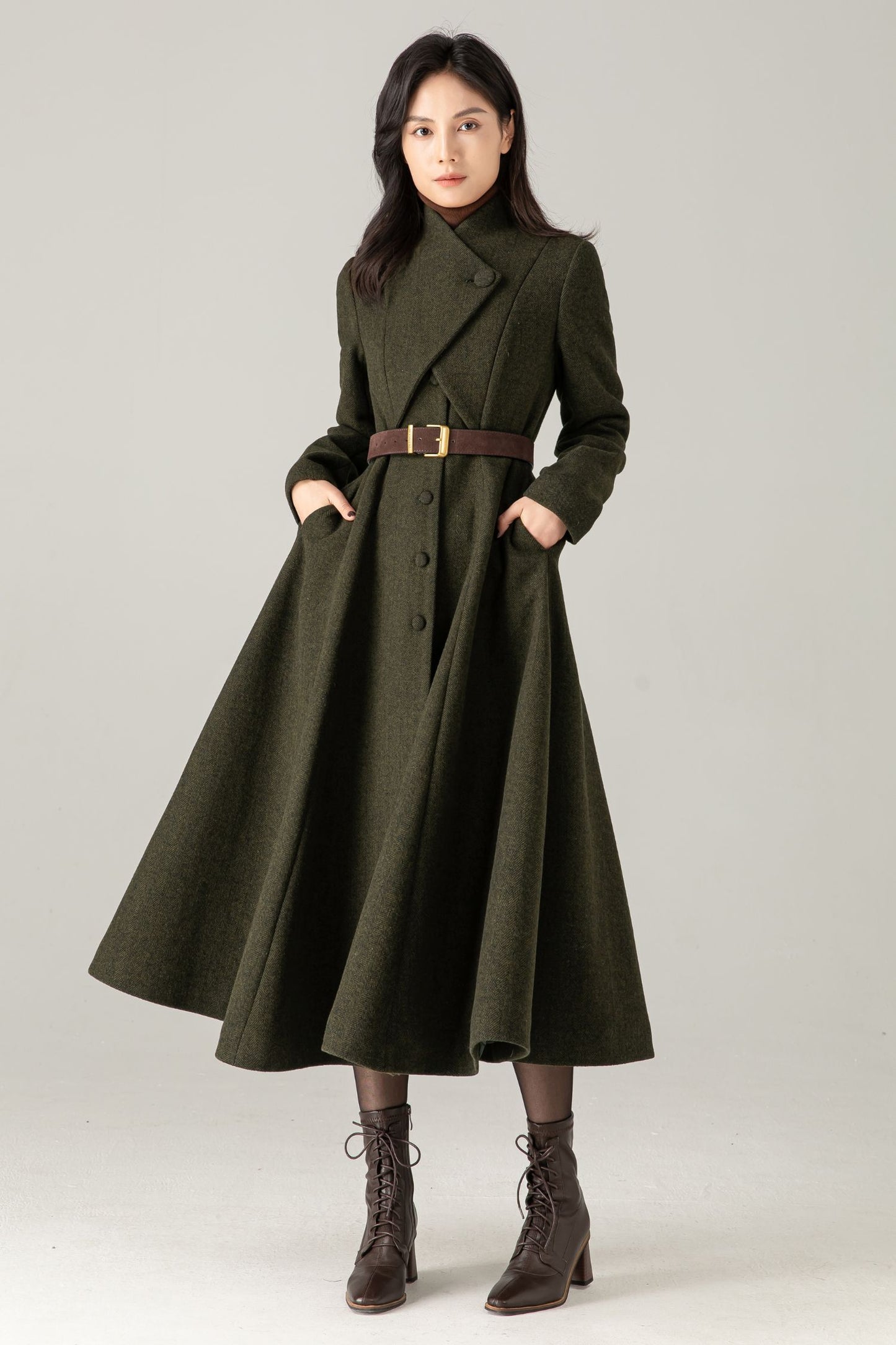 Olive Green Wool Blend Maxi Coat - Fit and Flare with Asymmetric Collar 5373