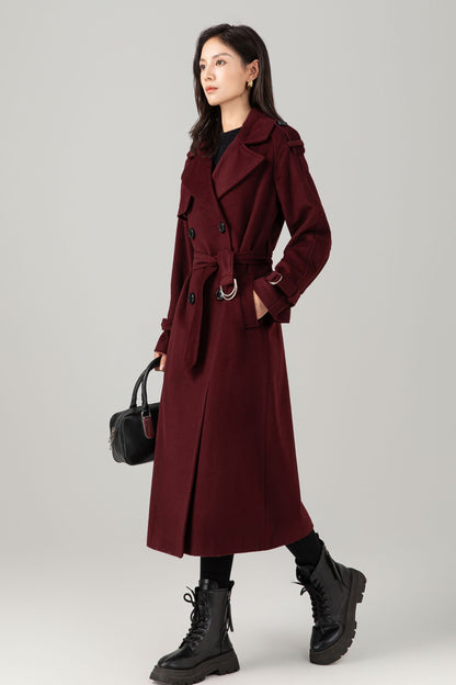 Burgundy wool maxi coat with self tie belt C5280