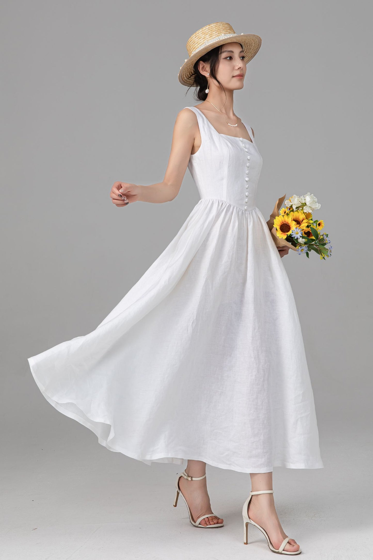 White Linen Maxi Dress - Square Neck Button Front, Pleated Waist C5526