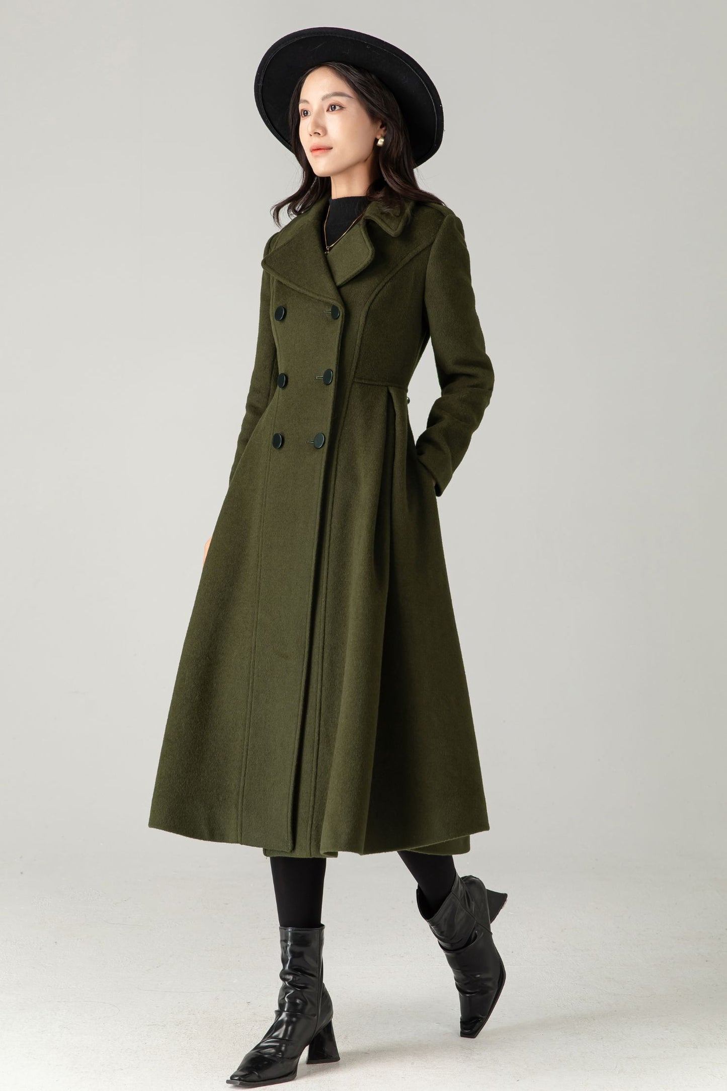 Vintage Inspired Long Princess Coat in Army Green C5342