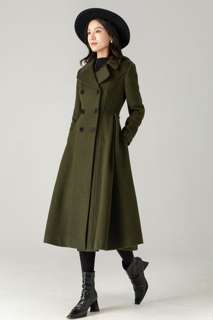 Vintage Inspired Long Princess Coat in Army Green C5342