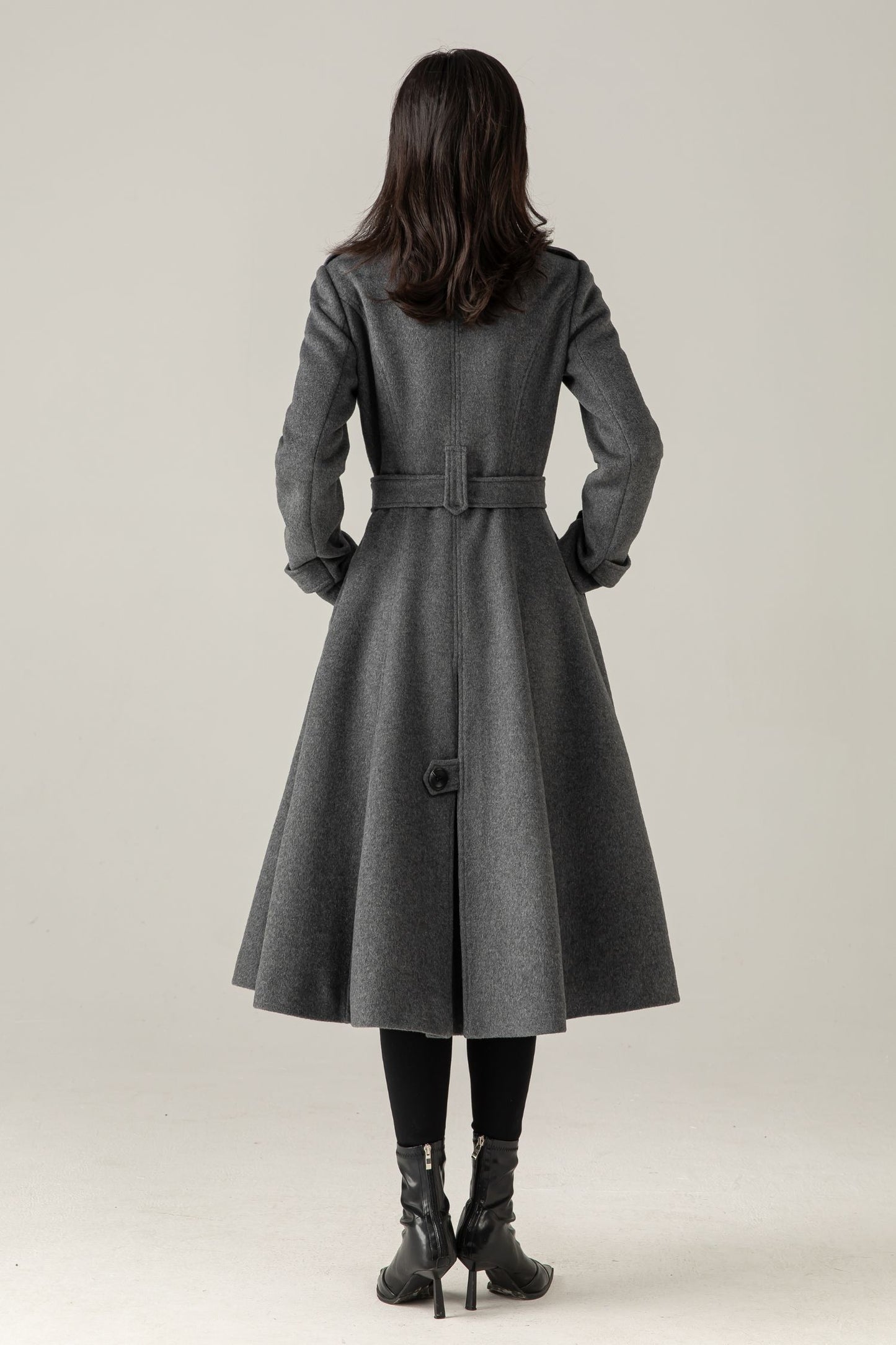Gray Wool Blend Swing Coat: Double Breasted Belted Maxi Winter Overcoat, Ylistyle C5376