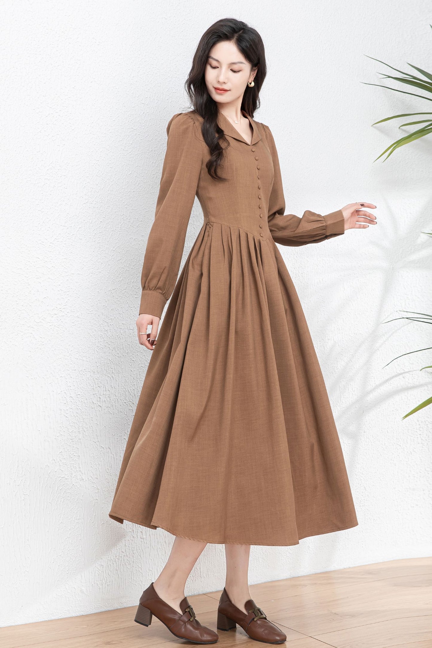 Vintage-Inspired Shirt Dress – Long Sleeve Midi Dress C4759