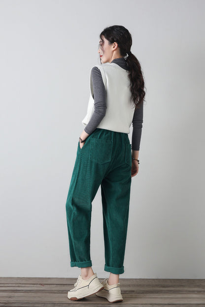 Green wide leg corduroy winter pants C4346