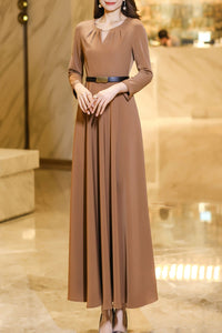 khaki waisted long spring and autumn dress C4183