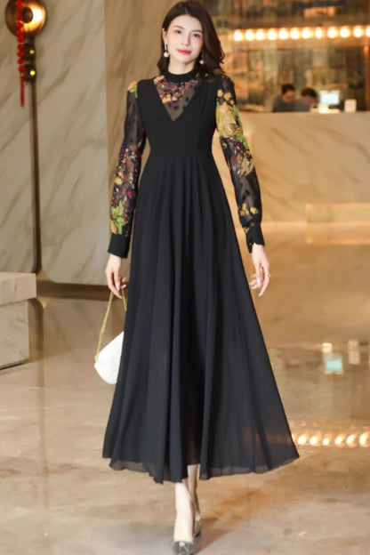 Fit and flare block color maxi chiffon dress C4929