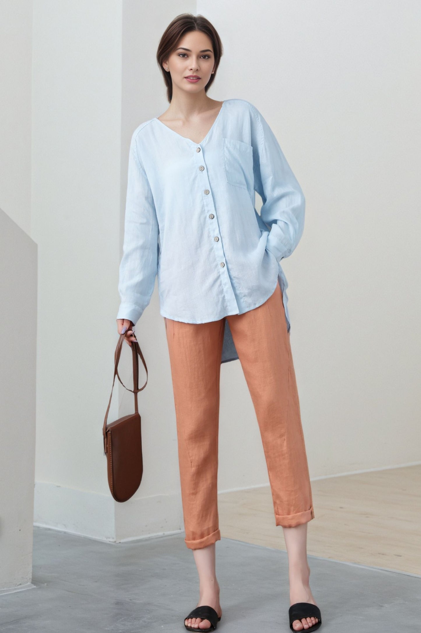 Light Blue Linen Blouse: Oversized V-Neck Long Sleeve Button-Up Top, Ylistyle C5324