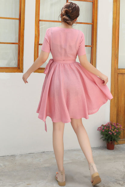 Pink Wrap summer Linen dress c4837