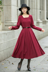 Red classic winter wool dress women C4500