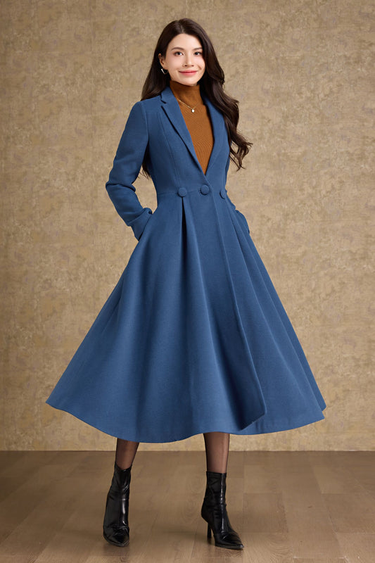 Long Blue Wool Princess Coat C4478