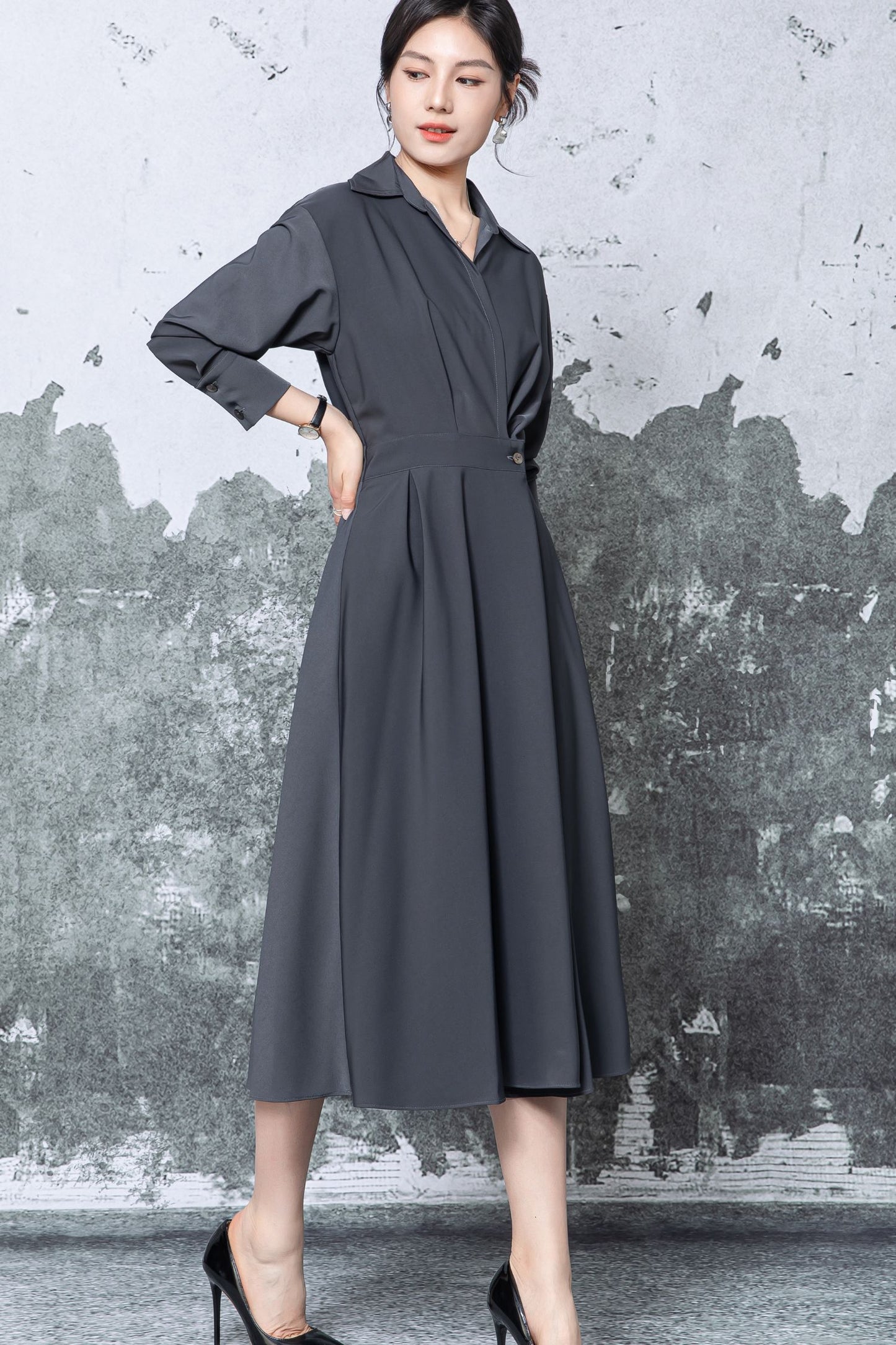 Gray Polyester Shirt Midi Dress - Pleated Flared Skirt c5471