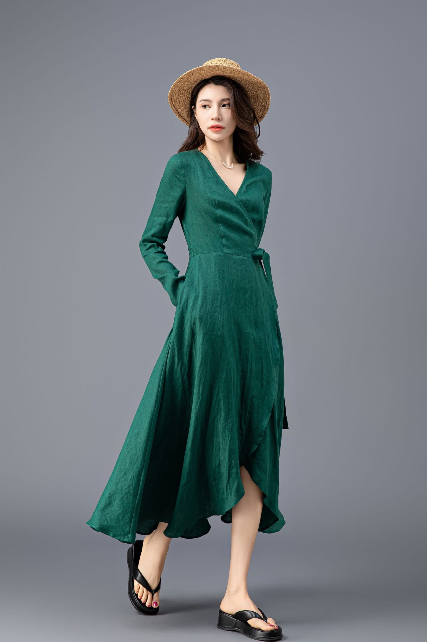 Women's Green Long Sleeves Linen Dress C3914