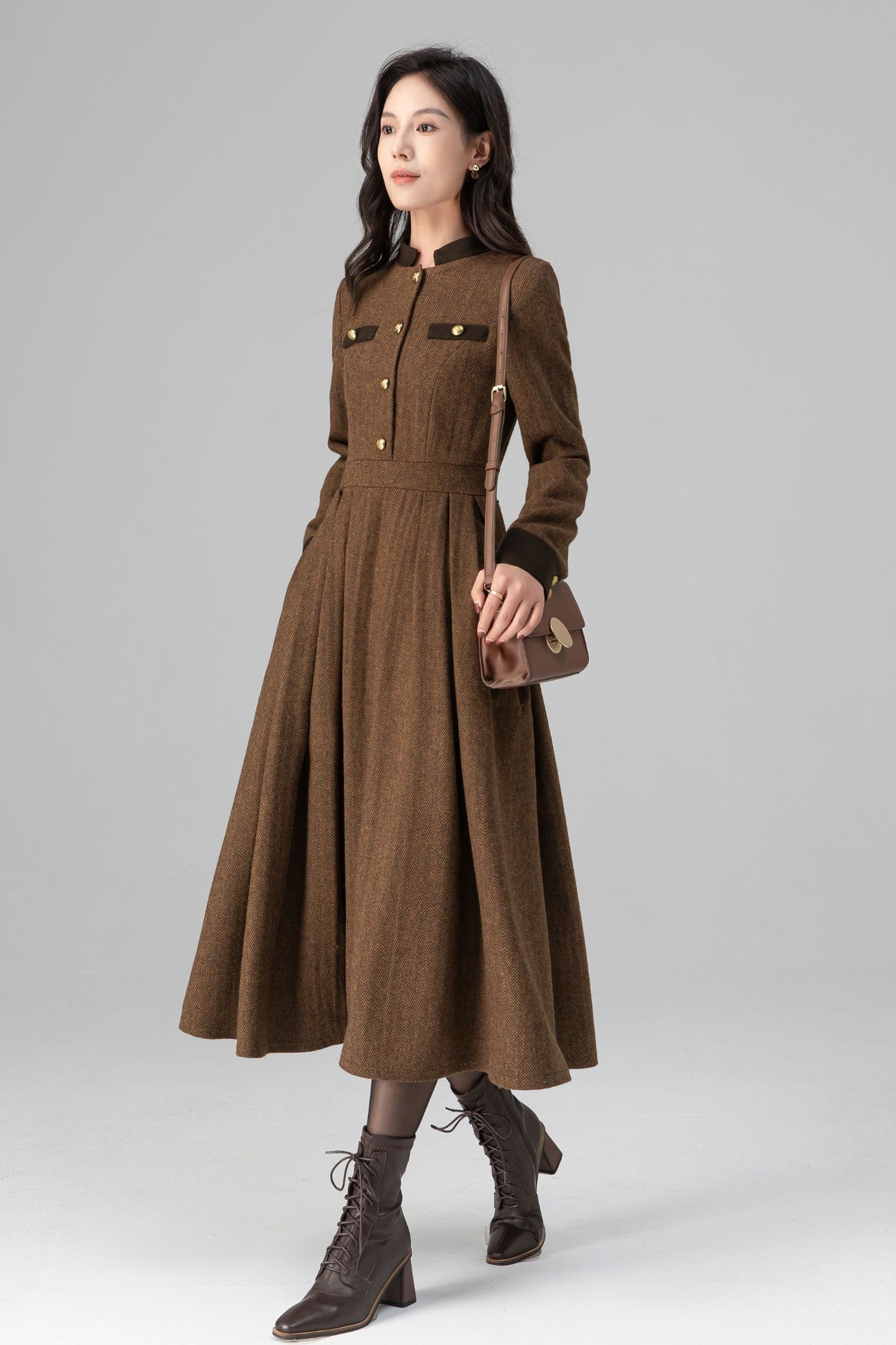 Warm Winter Military Button front Wool Dress Women C5194