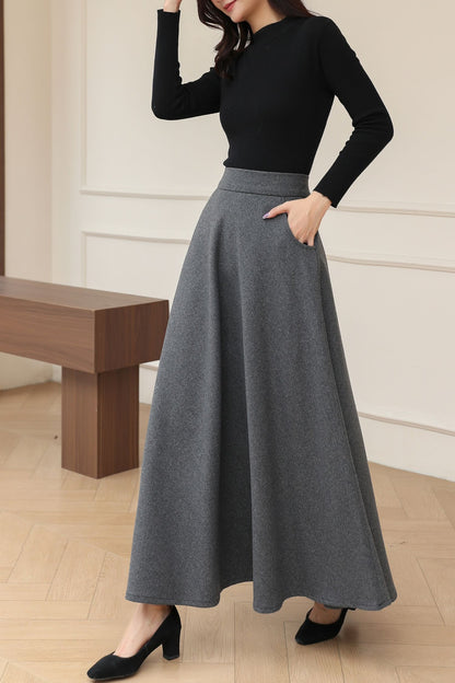 Dark Gray Long A-Line Wool Skirt C5191