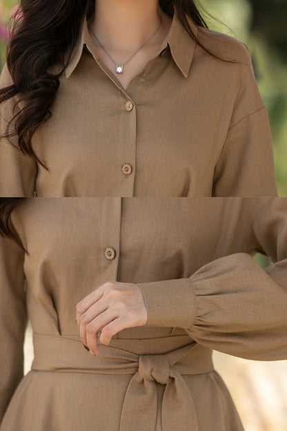 Khaki Linen Cotton Midi Shirt Dress – Casual Loose Fit Spring Dress for Women, Ylistyle C5439