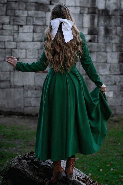 Green Swing Pleated Wool Dress With Pockets C3768