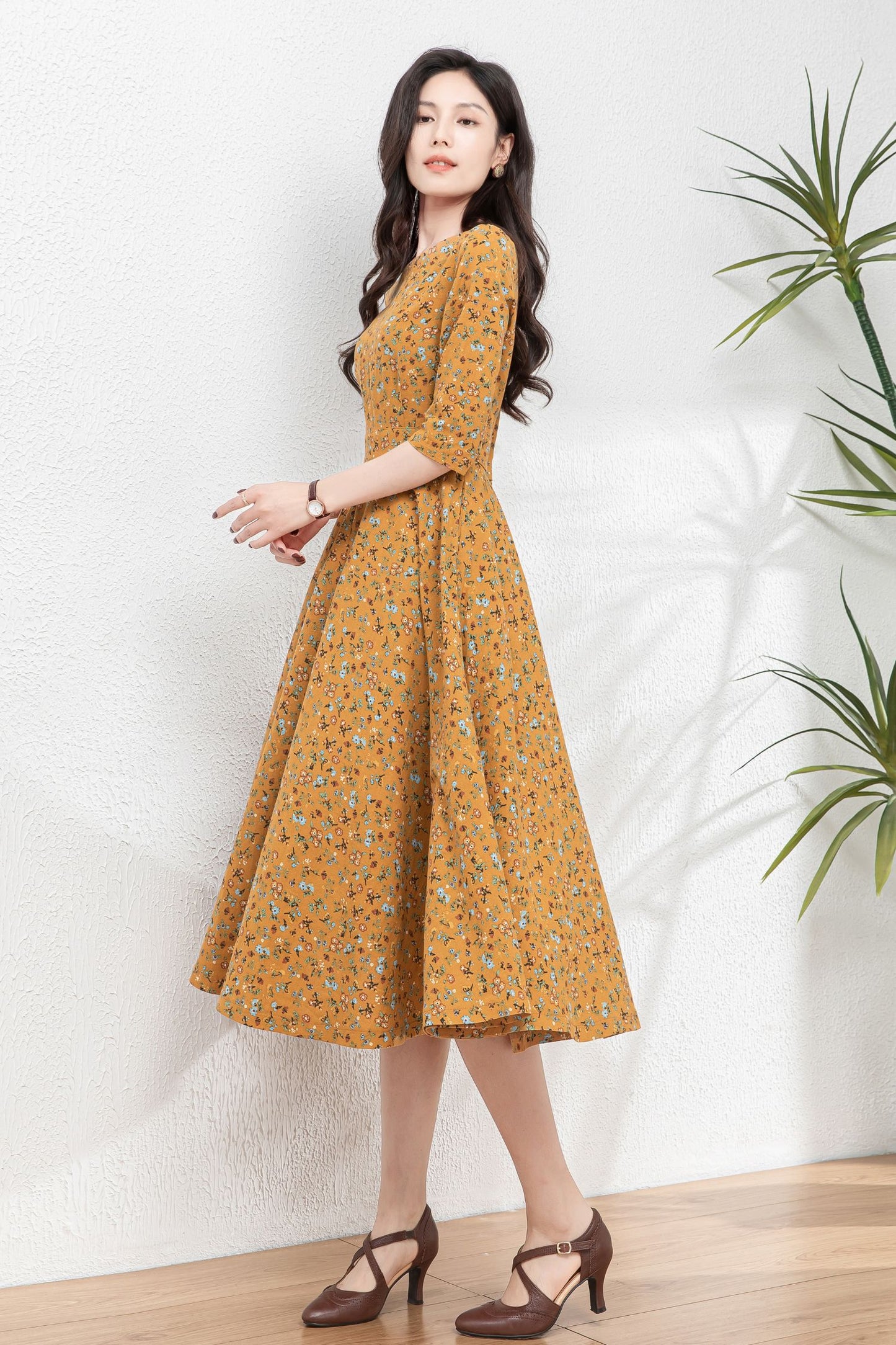 Floral swing linen dress women C4768