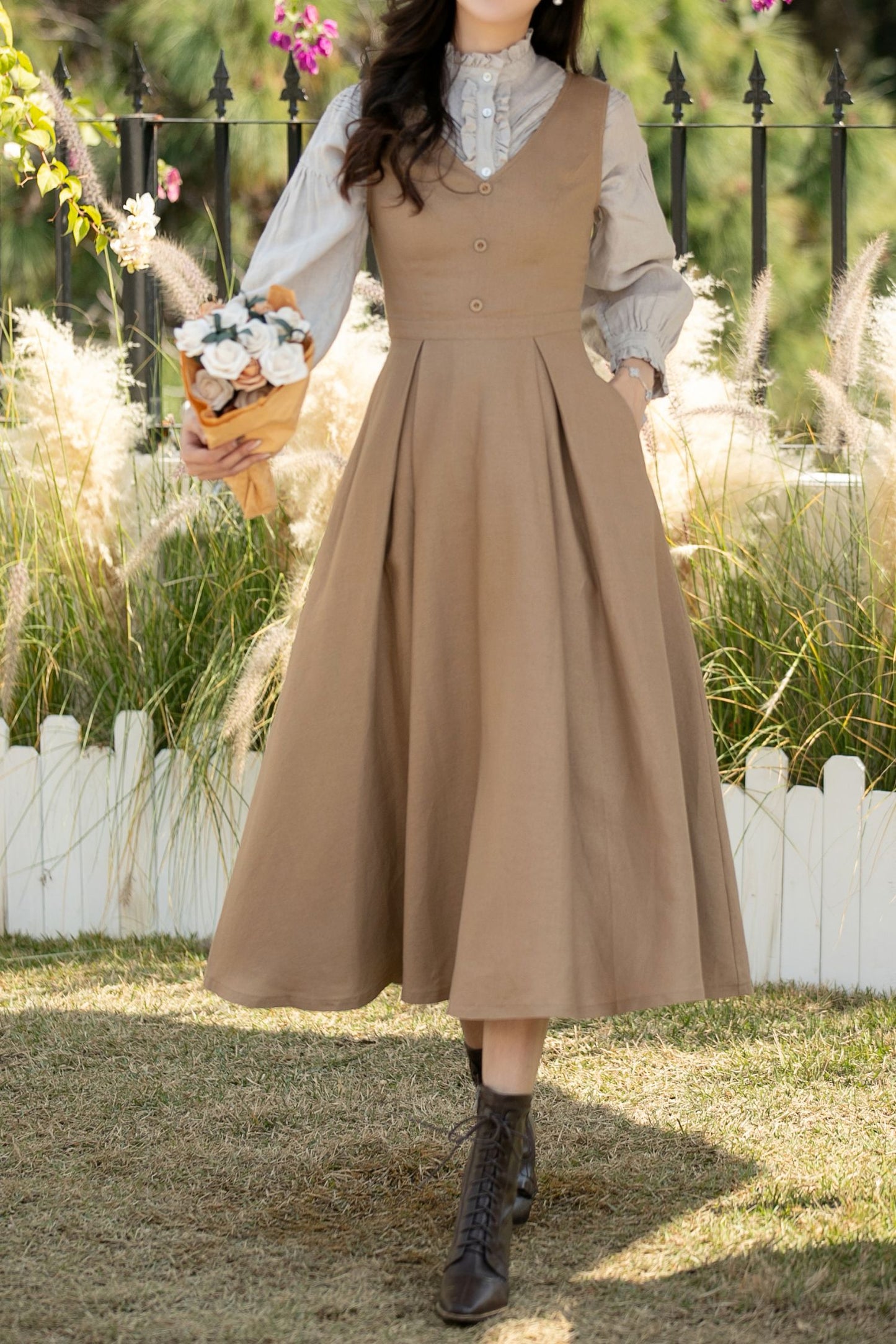 Khaki Linen Pinafore Midi Dress: Sleeveless A-Line Dress with Pockets, Ylistyle C5437