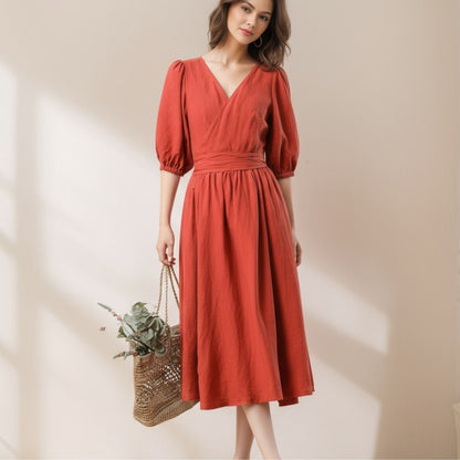 Women's Orange Linen Dress C5328
