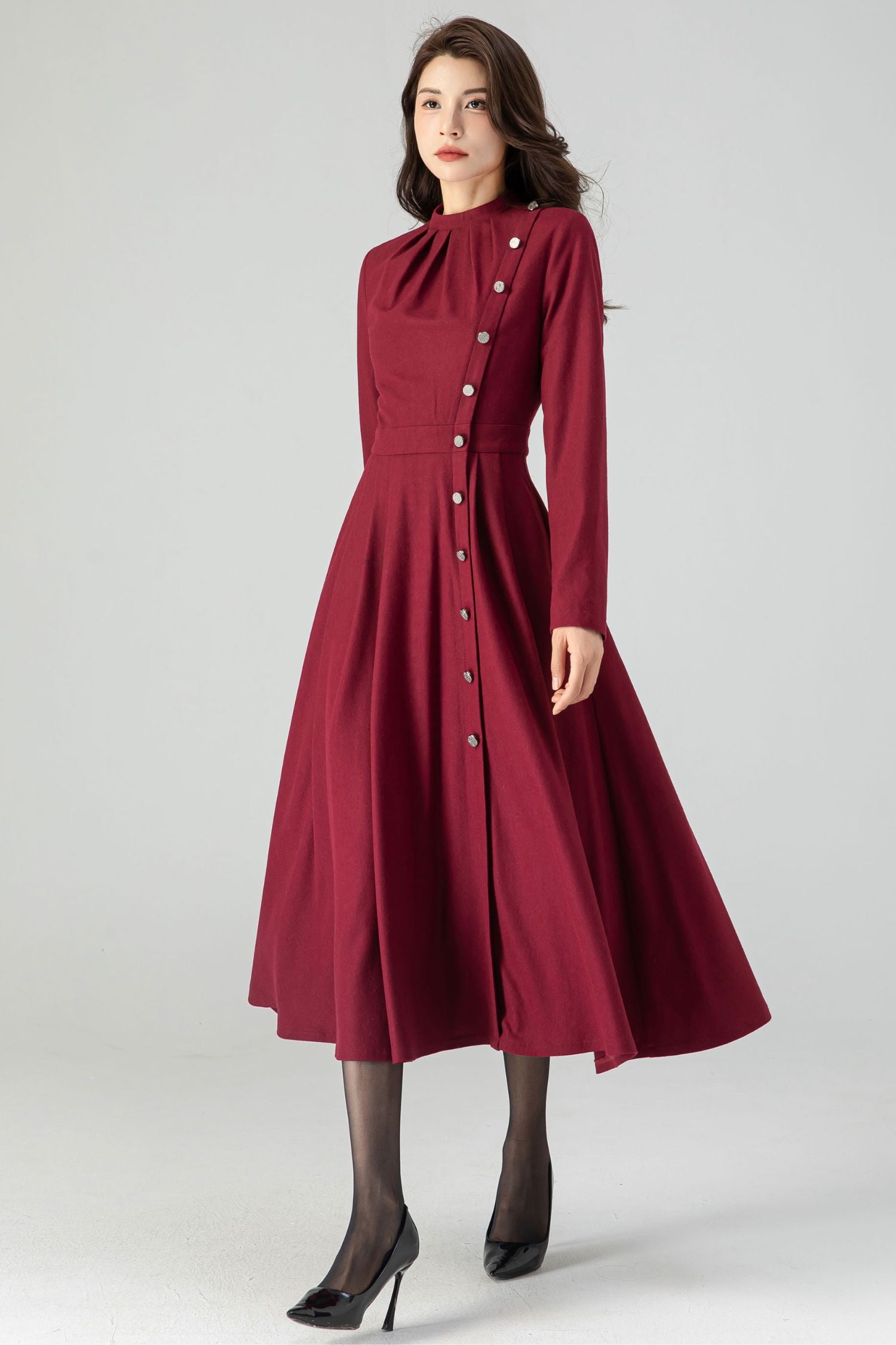 Burgundy Wool Midi Dress with Pleated Skirt and Button Detail Burgundy / S