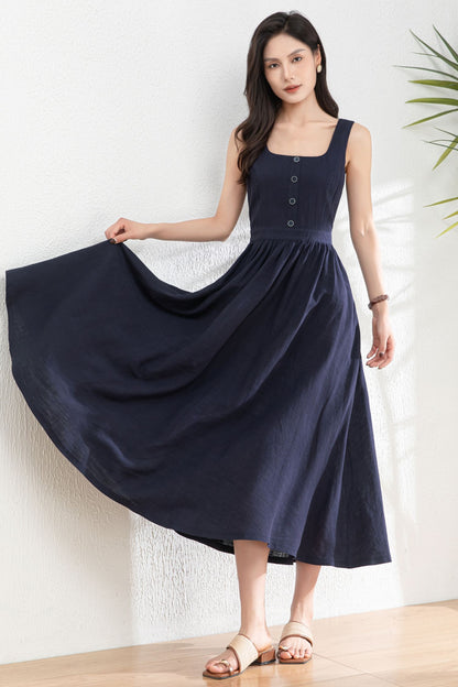 Square Neck Button Maxi Dress for Women c4984