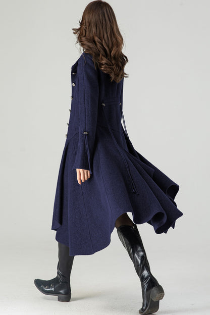 Asymmetrical Single Breasted Navy Blue Wool Coat C4518