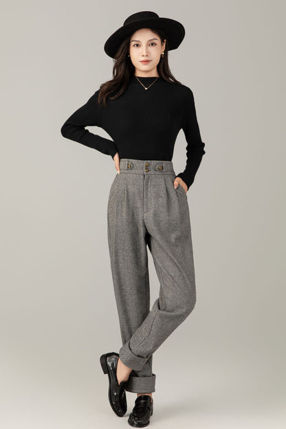 High-Waist Wool Trousers: Vintage Grey Pleated Cuffed Pants C5247