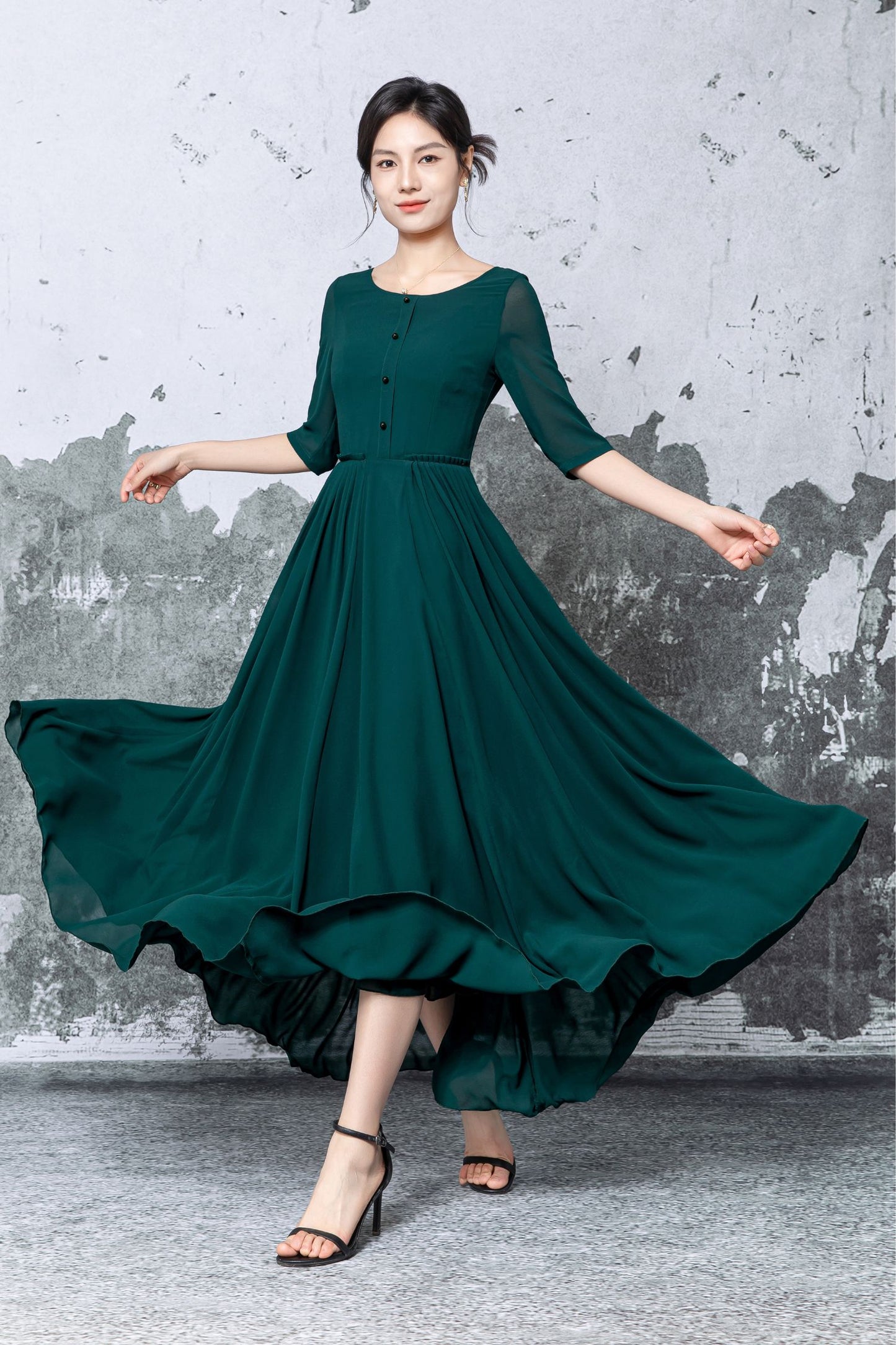Dark Green Polyester Chiffon Maxi Dress - Pleated Fit-and-Flare with Half Sleeves c5472