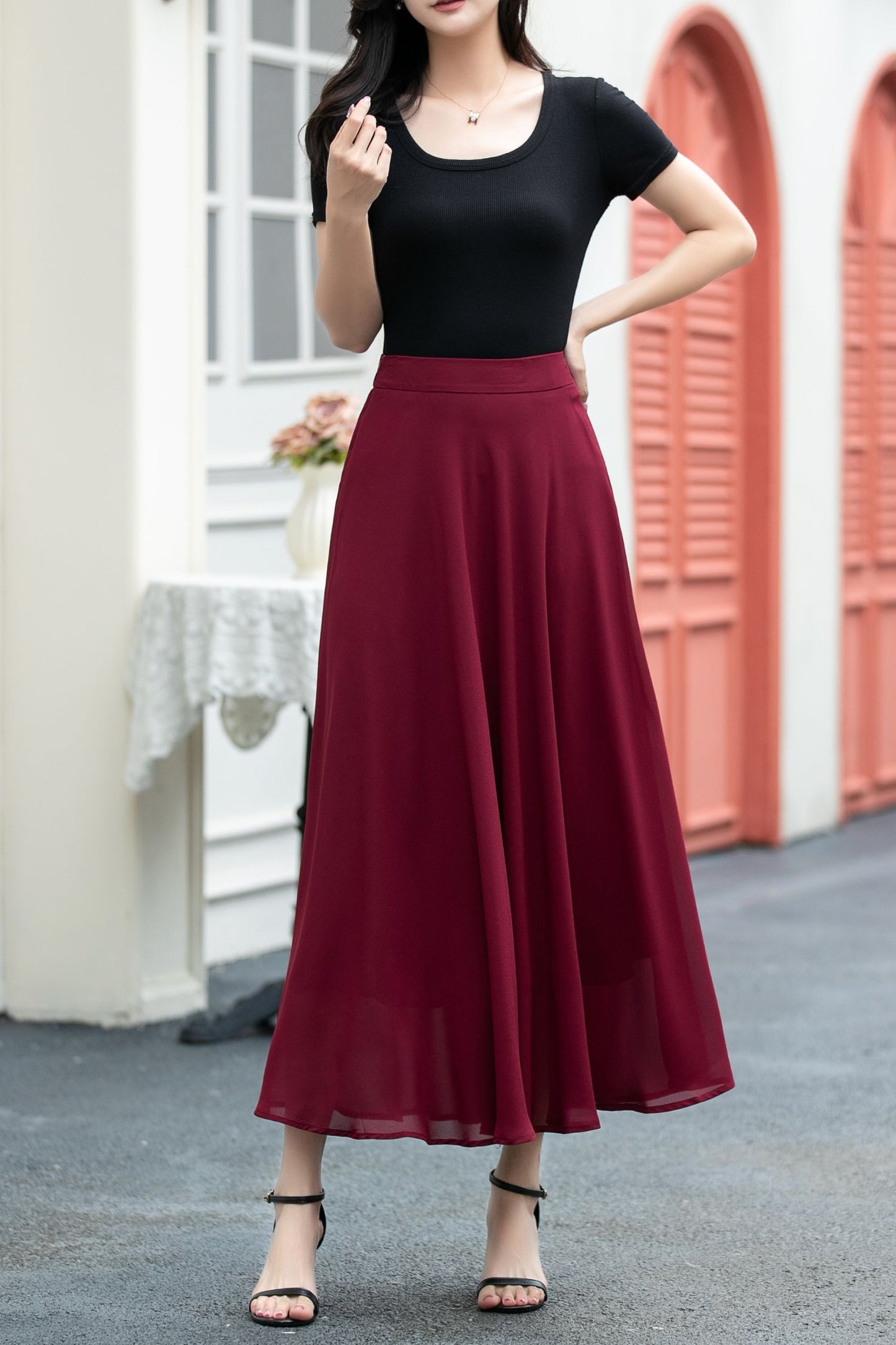 A line high waist long chiffon skirt C5037