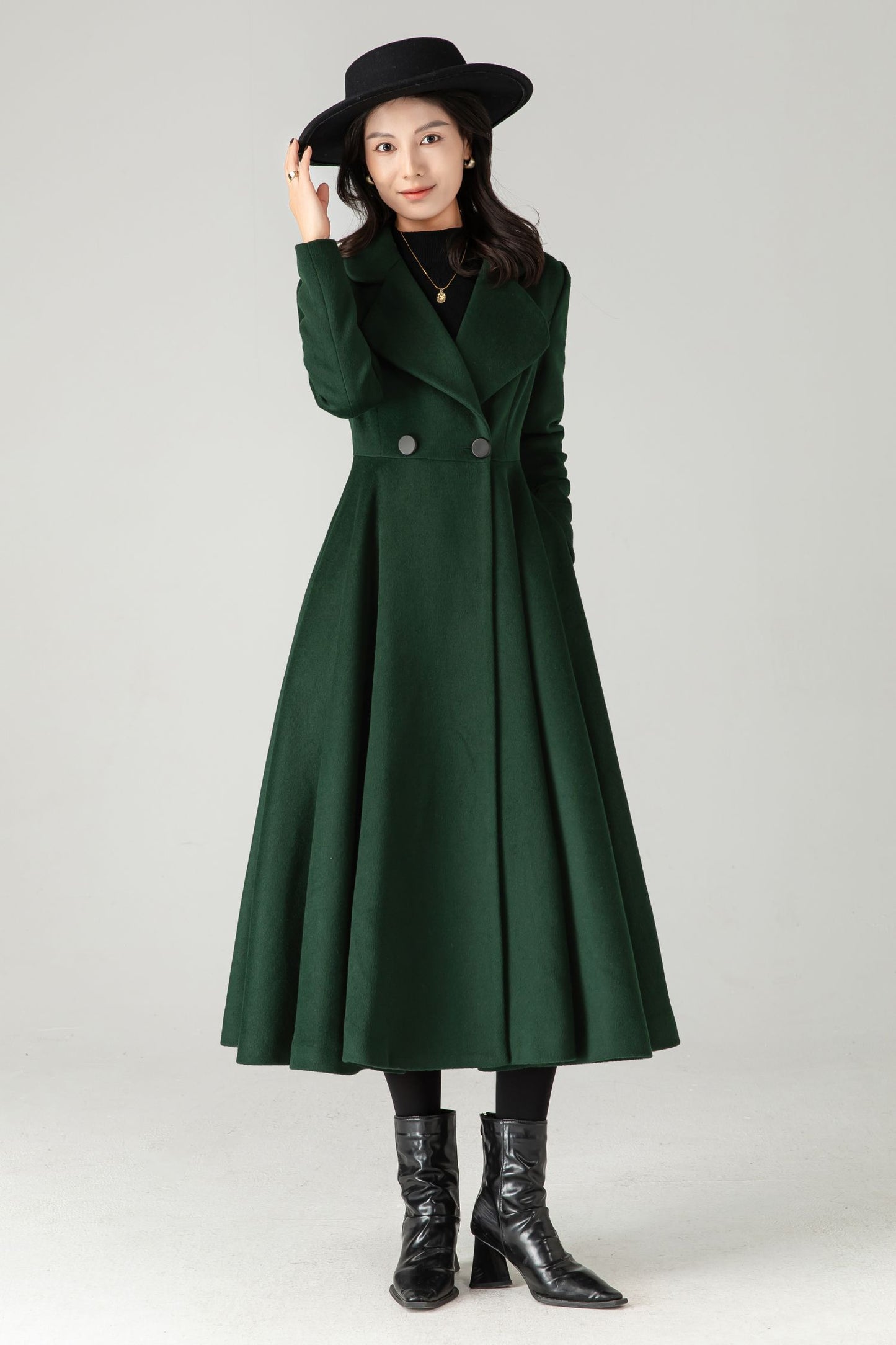 Emerald Green Wool Coat: Elegant Women's Swing Long Flared Trench Coat C5341