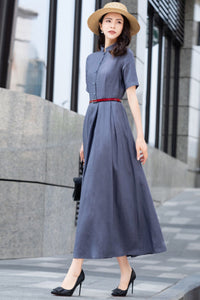 Summer Linen Button up Gray maxi Swing Dress C2829