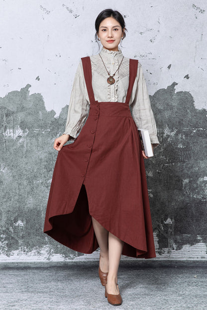 Rust Linen Midi Pinafore Dress - Asymmetric Hem with Pockets c5464