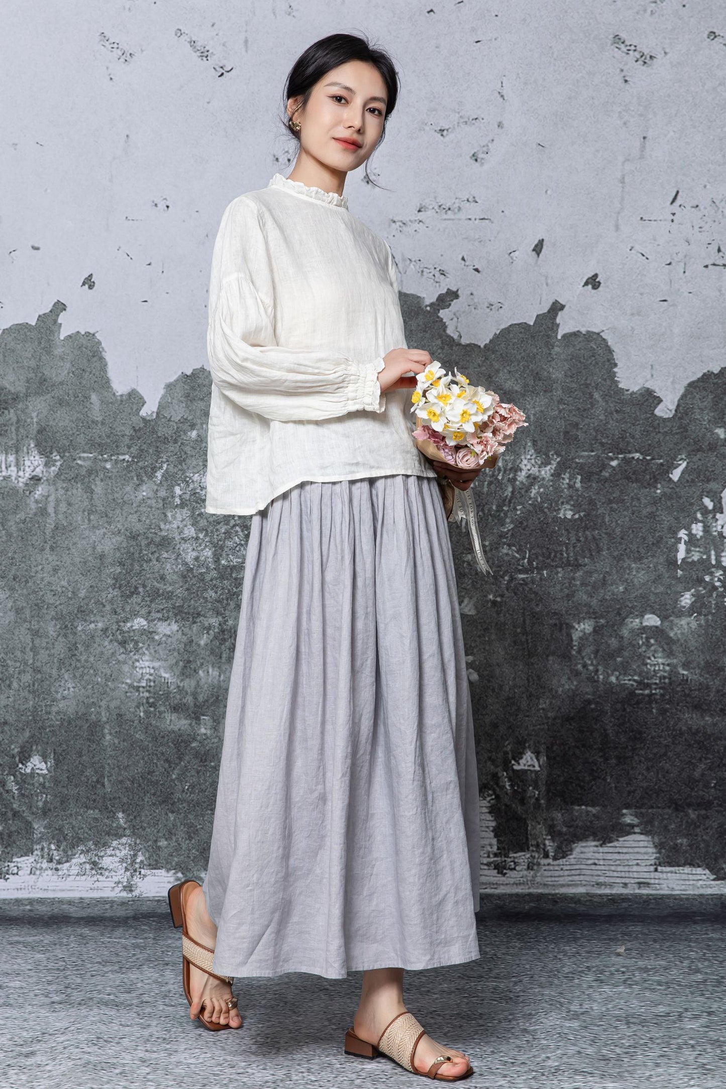Off-White Linen Blouse - Ruffled Neck and Cuffs with Relaxed Fit c5467