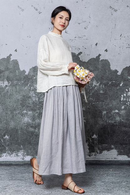 Off-White Linen Blouse - Ruffled Neck and Cuffs with Relaxed Fit c5467