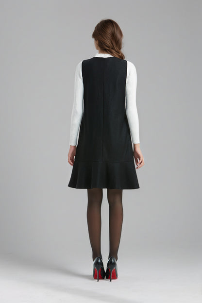 Black Sleeveless Wool Apron Dress C5140