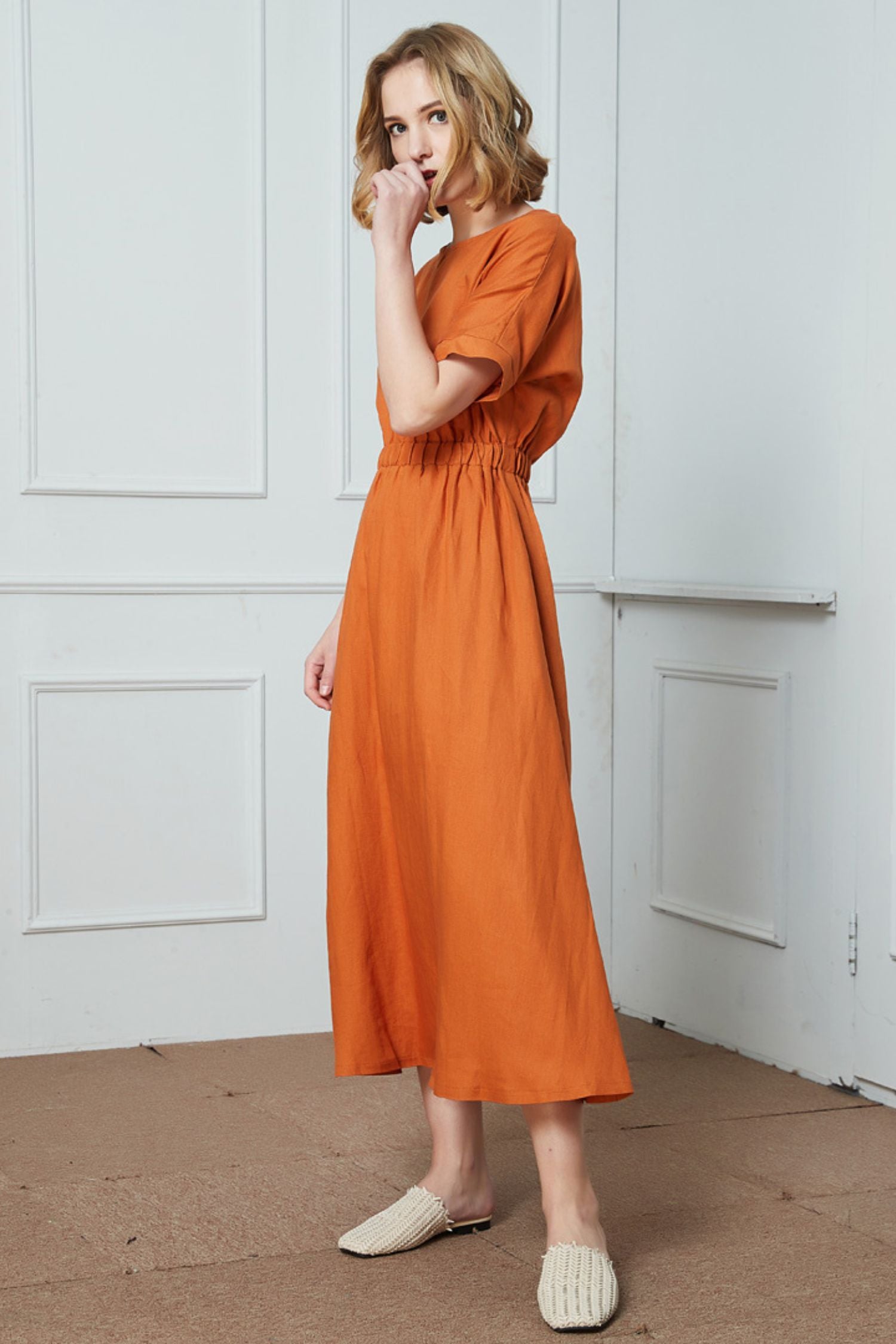 orange linen midi dress Orange Linen Midi Dress, Fit and Flare, Womens Spring Summer, Xiaolizi 4408