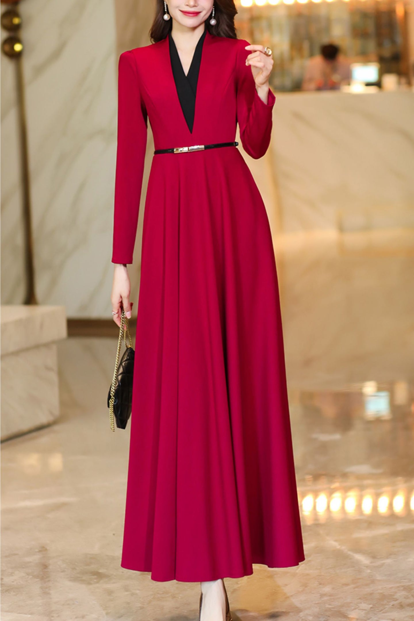 Burgundy spring and autumn V-neck long dress C4175