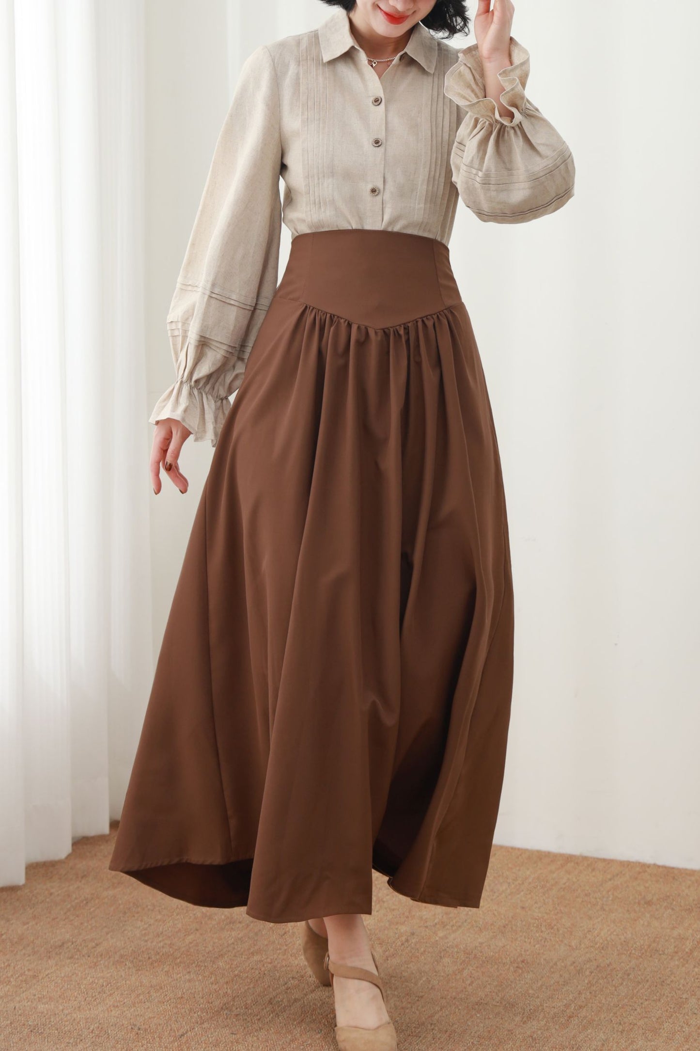 Beige Linen Blouse, Long Lantern Sleeve, Ruffle Detail, Ylistyle C5451