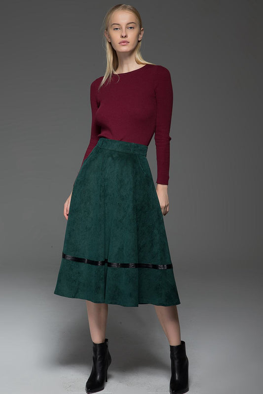 Womens Fall Green Corduroy A-line Midi Skirt C769
