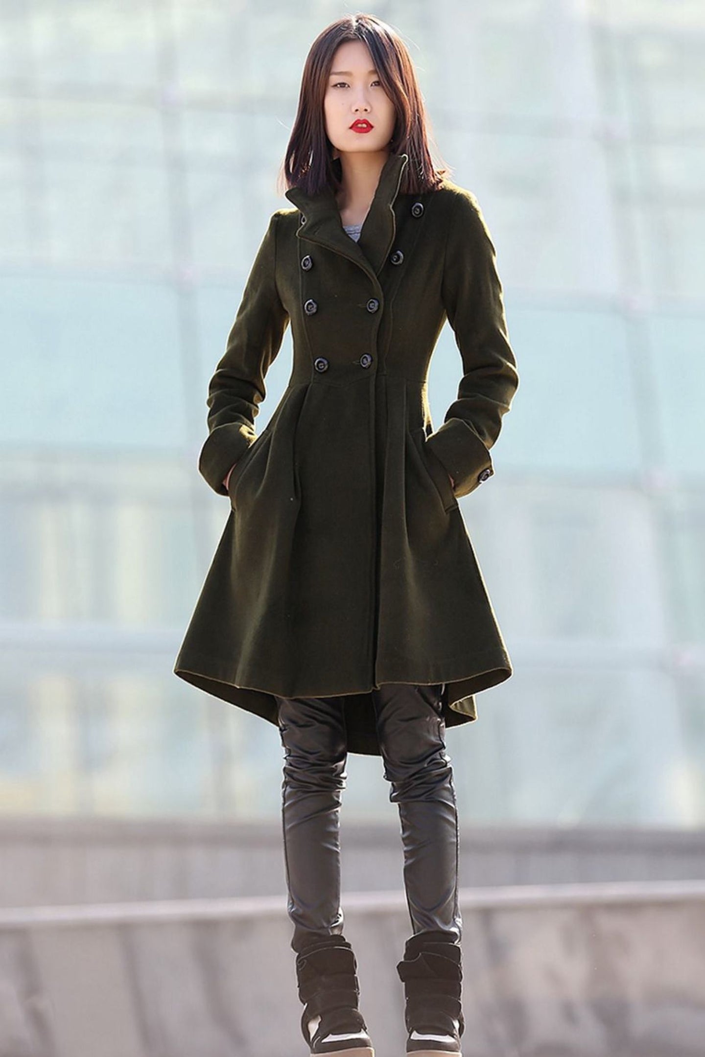 Green Asymmetrical winter wool coats for women C178