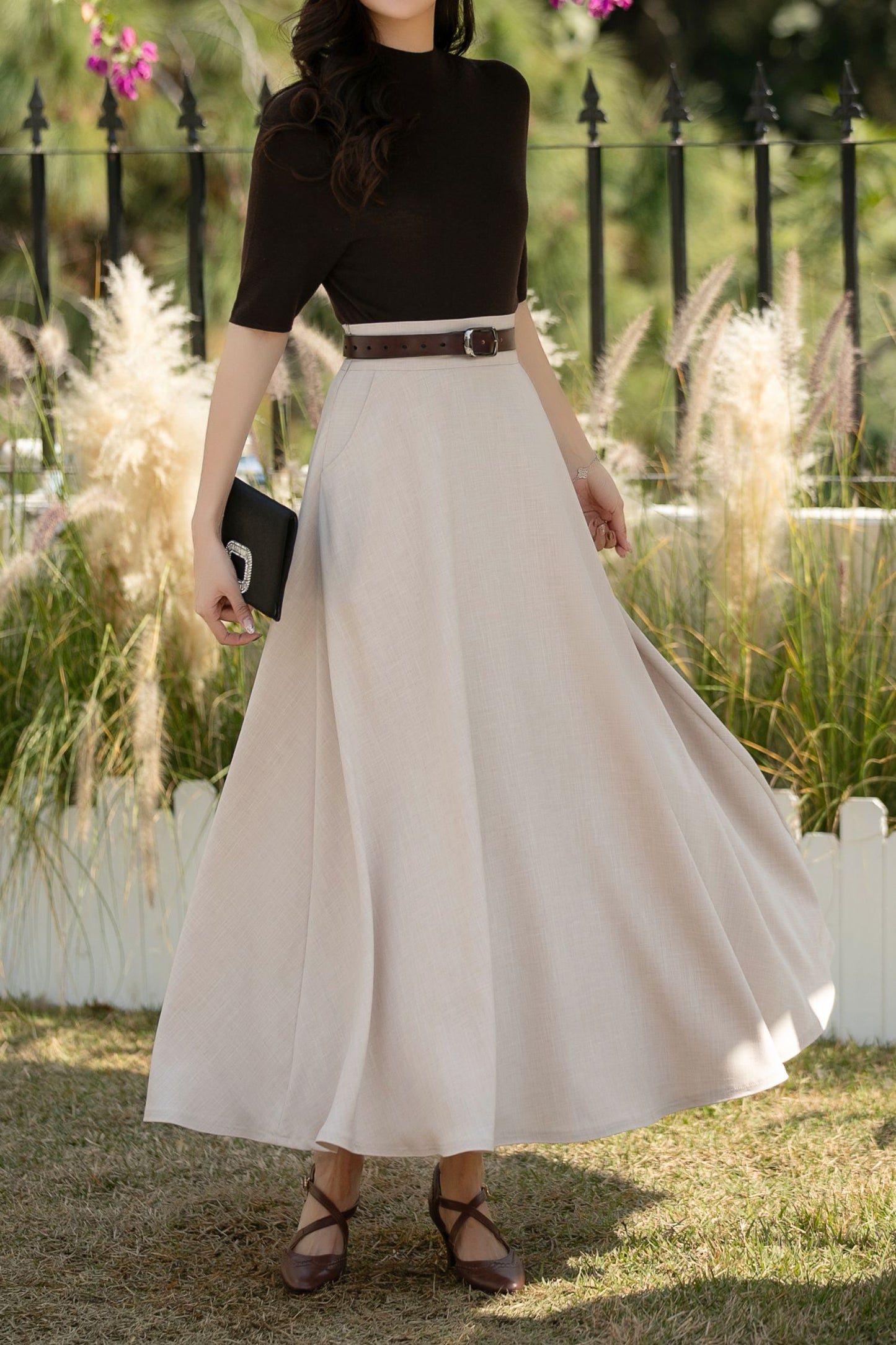 Beige Linen Cotton Maxi Skirt: High Waisted A-Line Summer Skirt, Ylistyle C5443
